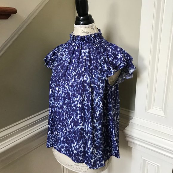 NWT Sea NY Celine Smocked Blouse Top Shirt Womens Small Blue White Sleeveless - Picture 10 of 15